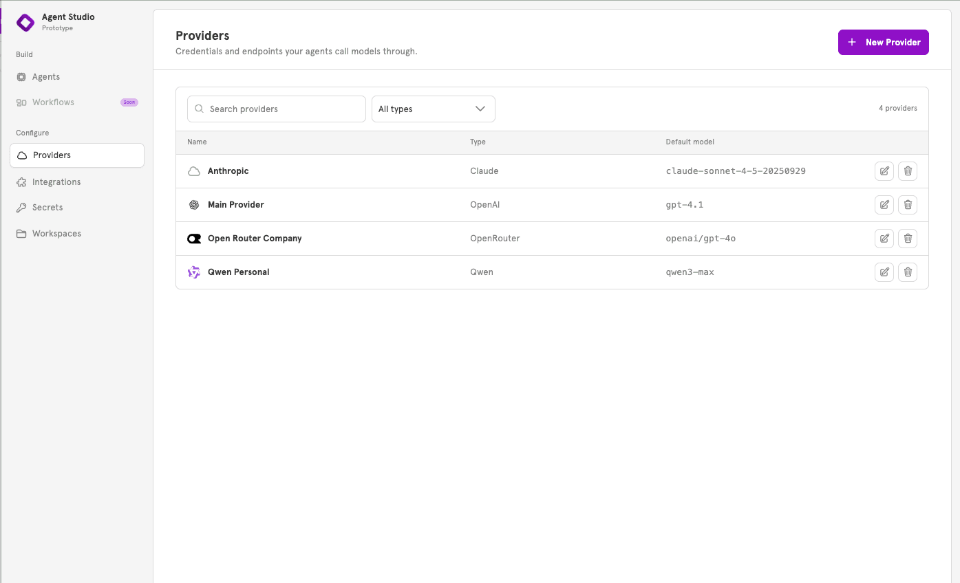 The Providers page in Agent Studio, listing Anthropic, OpenAI, OpenRouter and Qwen providers