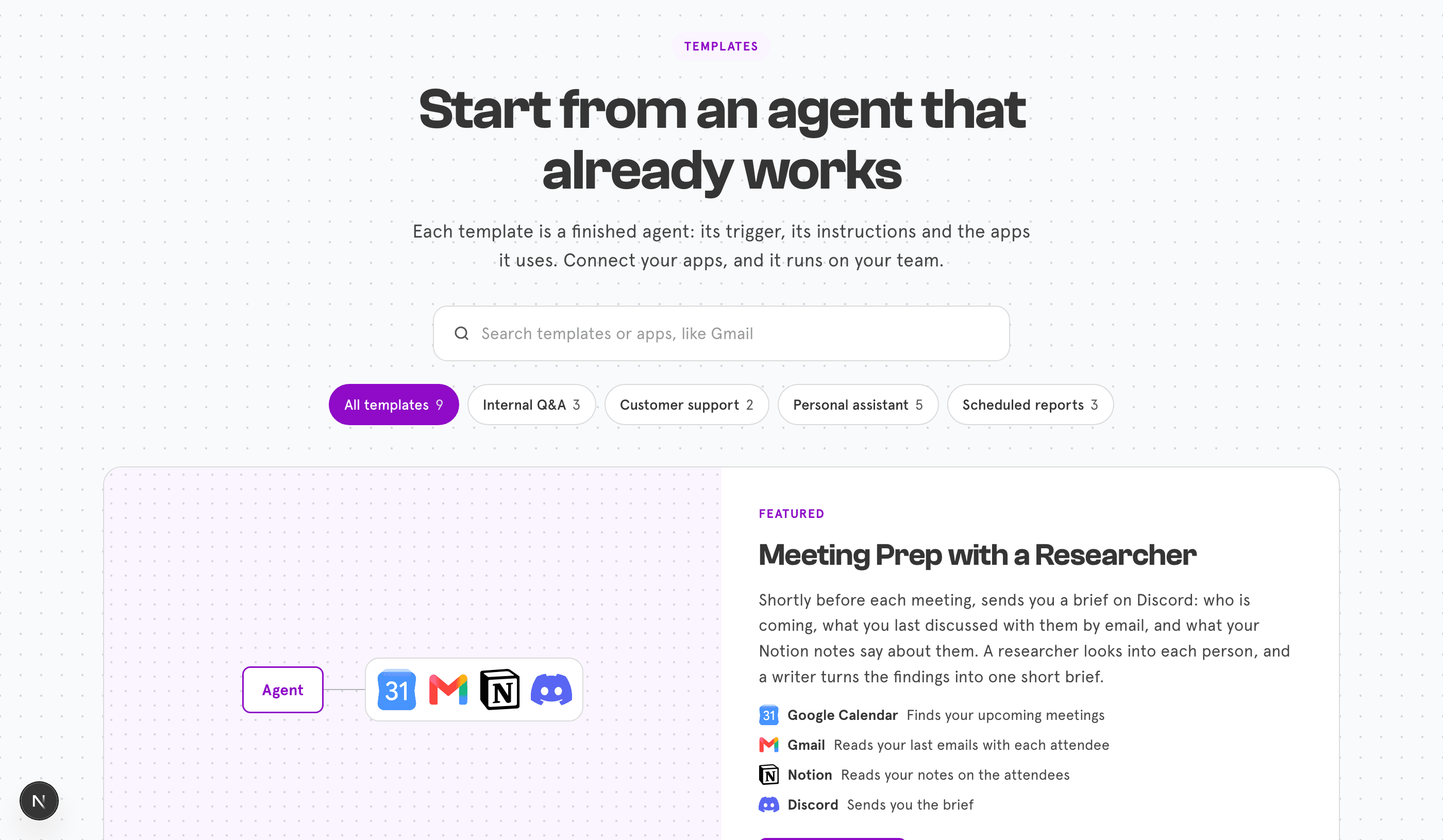 The Servflow gallery of no-code AI agents, with use-case filters and a featured Meeting Prep agent