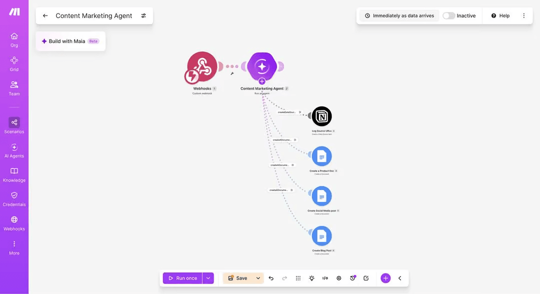 A Make scenario with a webhook trigger feeding a Content Marketing Agent module, which has four tools attached: a Notion module and three Google Docs modules.