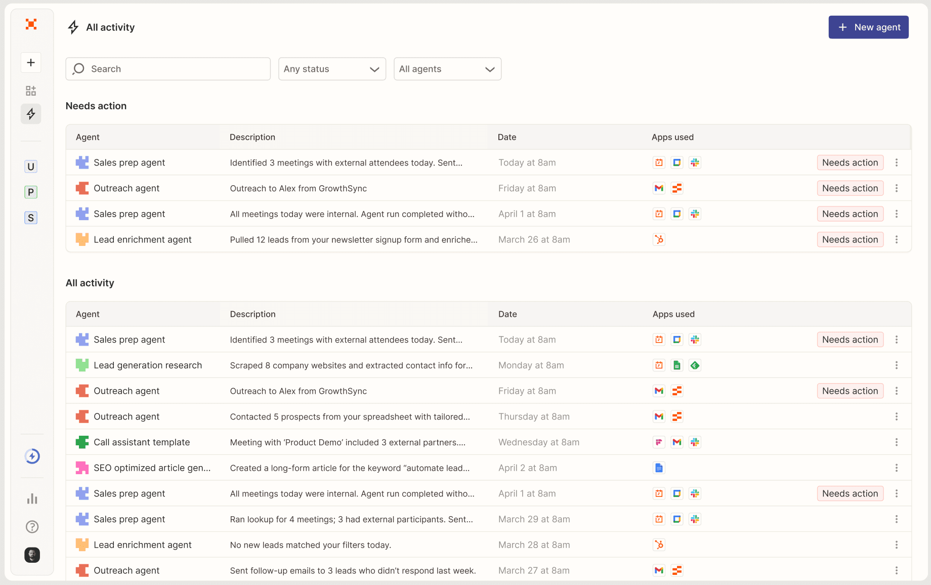 The Zapier Agents activity dashboard, listing agents such as a sales prep agent and an outreach agent, with a description of each run, its date and the apps it used.