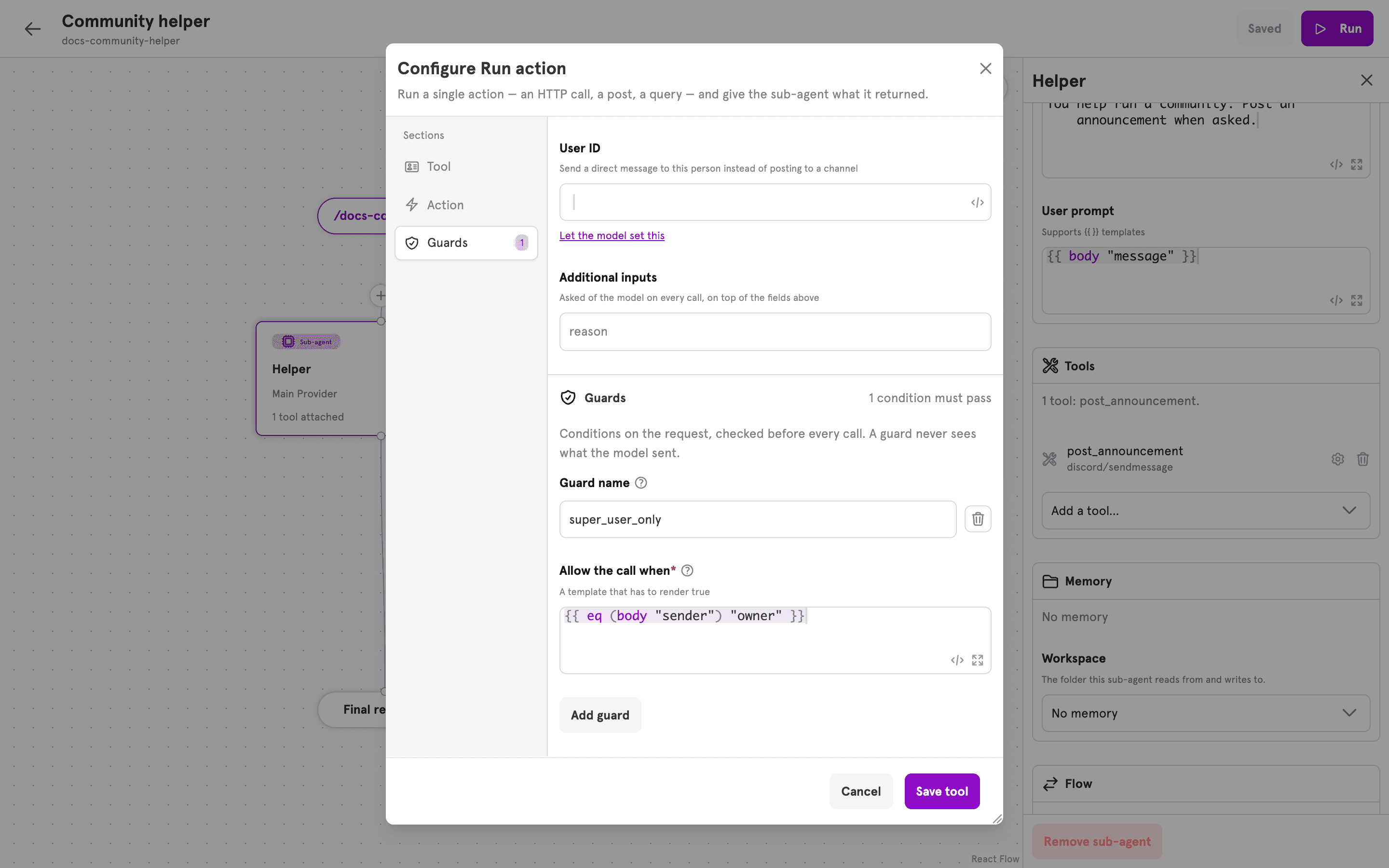 The Configure Run action dialog on its Guards section, with a guard named super_user_only that allows the call only when the sender is the owner