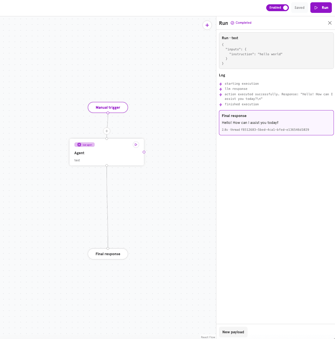 The editor's Run panel after a completed test run: the input payload, the execution log, and the final response with its 2.8 second duration