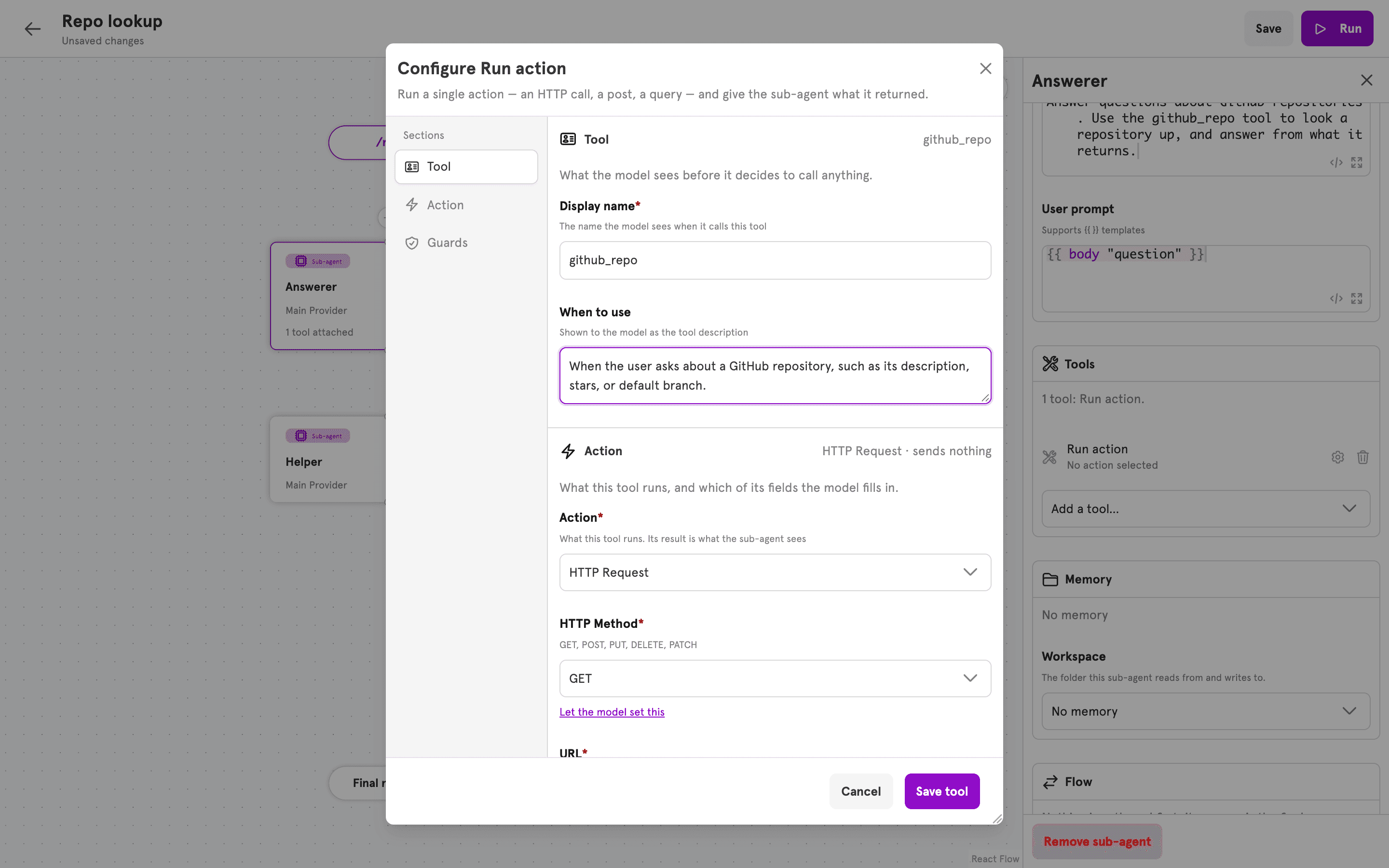 The Add tool dialog on a sub-agent, offering Run action, MCP server, Call sub-agent and Agent Task Tool