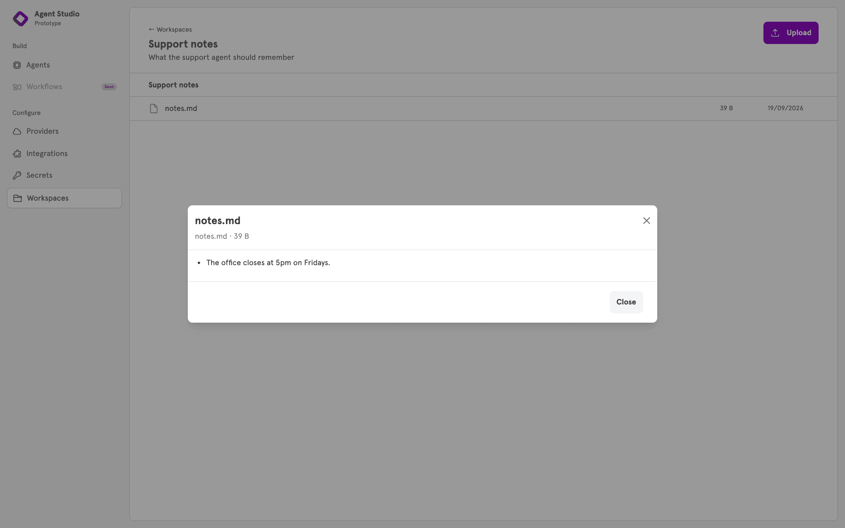 A workspace in the dashboard with its files listed and one open in the file viewer
