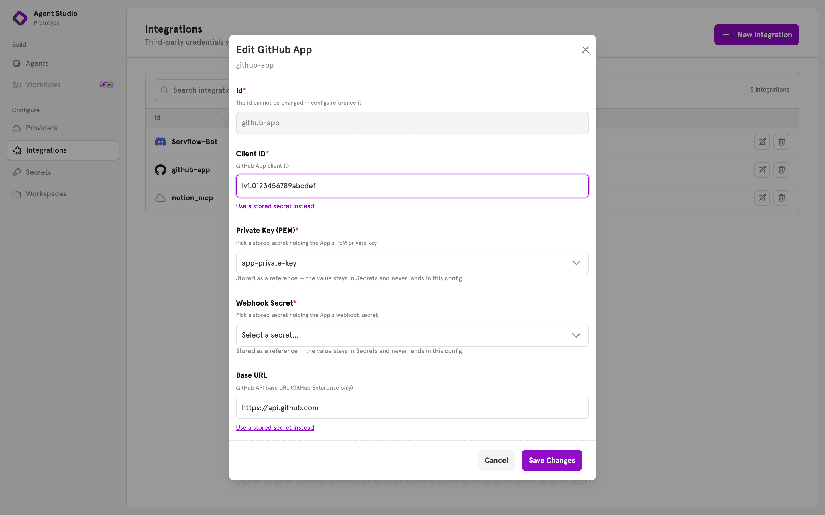 An integration edit dialog where a field is set from a stored secret through the secret picker