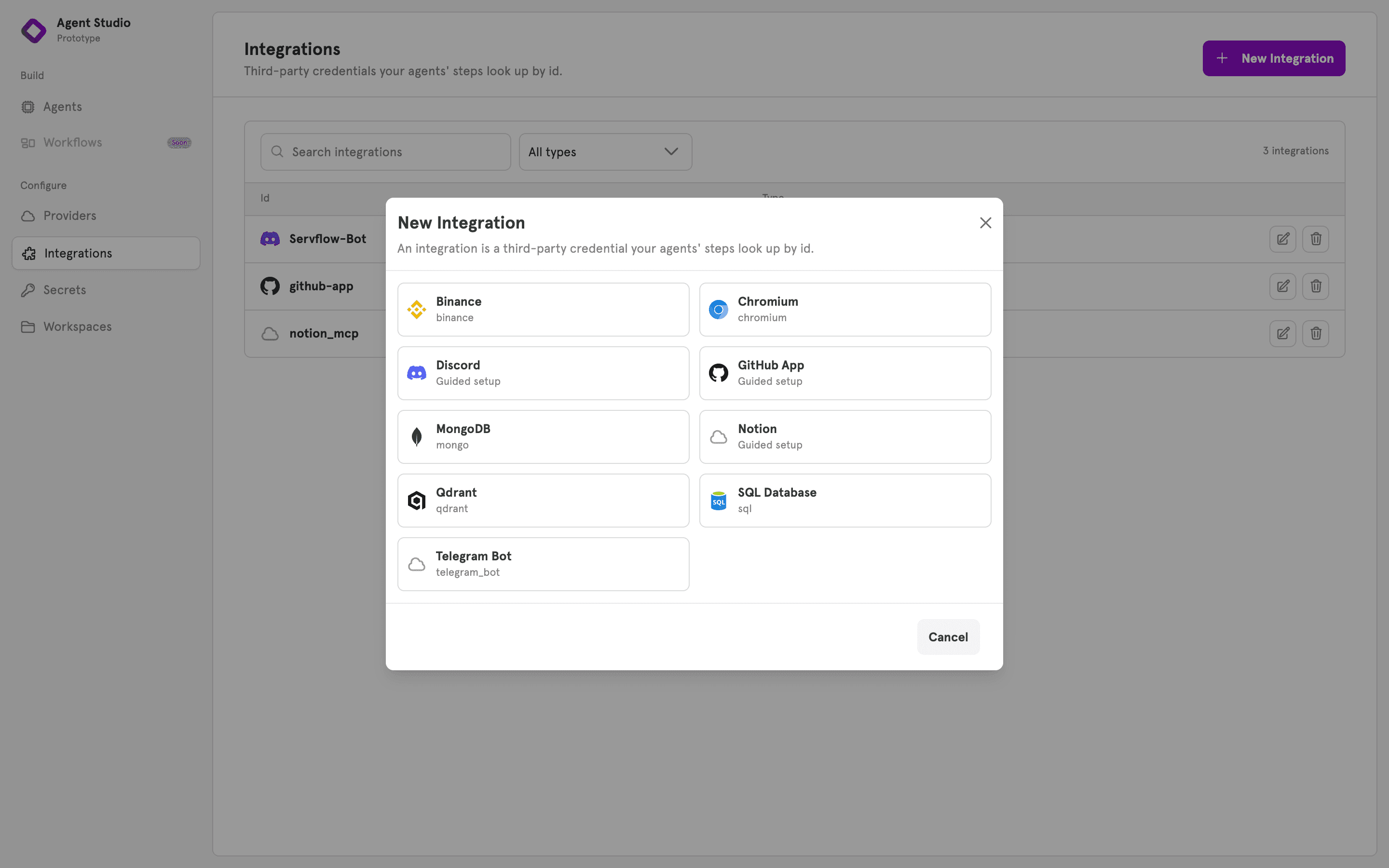 The New Integration type picker showing all ten integration types