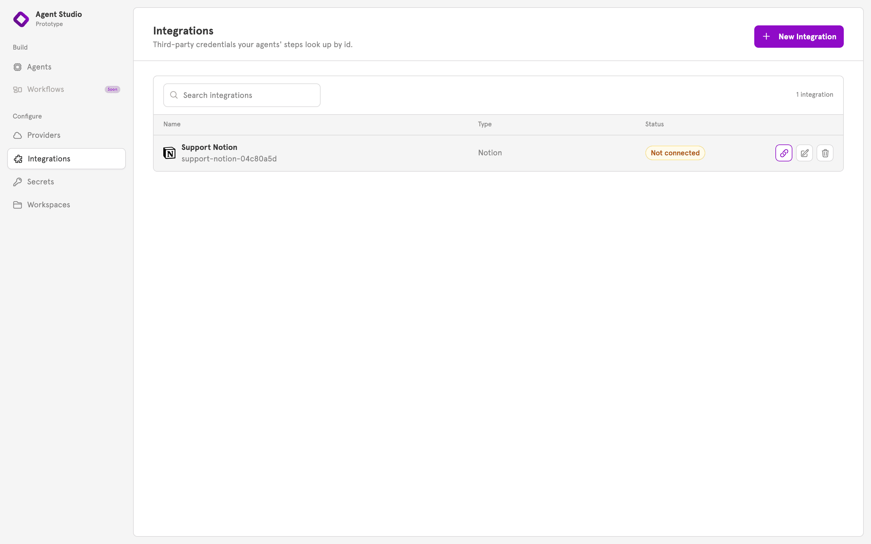 The Integrations list with a Notion integration marked Not connected and its Connect integration action