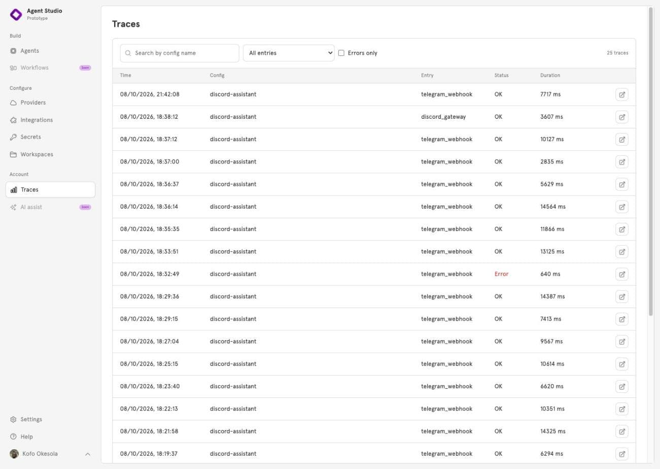 The Traces page: a search box, an entry dropdown and an Errors only checkbox above a table of runs with columns for time, config, entry, status and duration, most rows OK and one marked Error