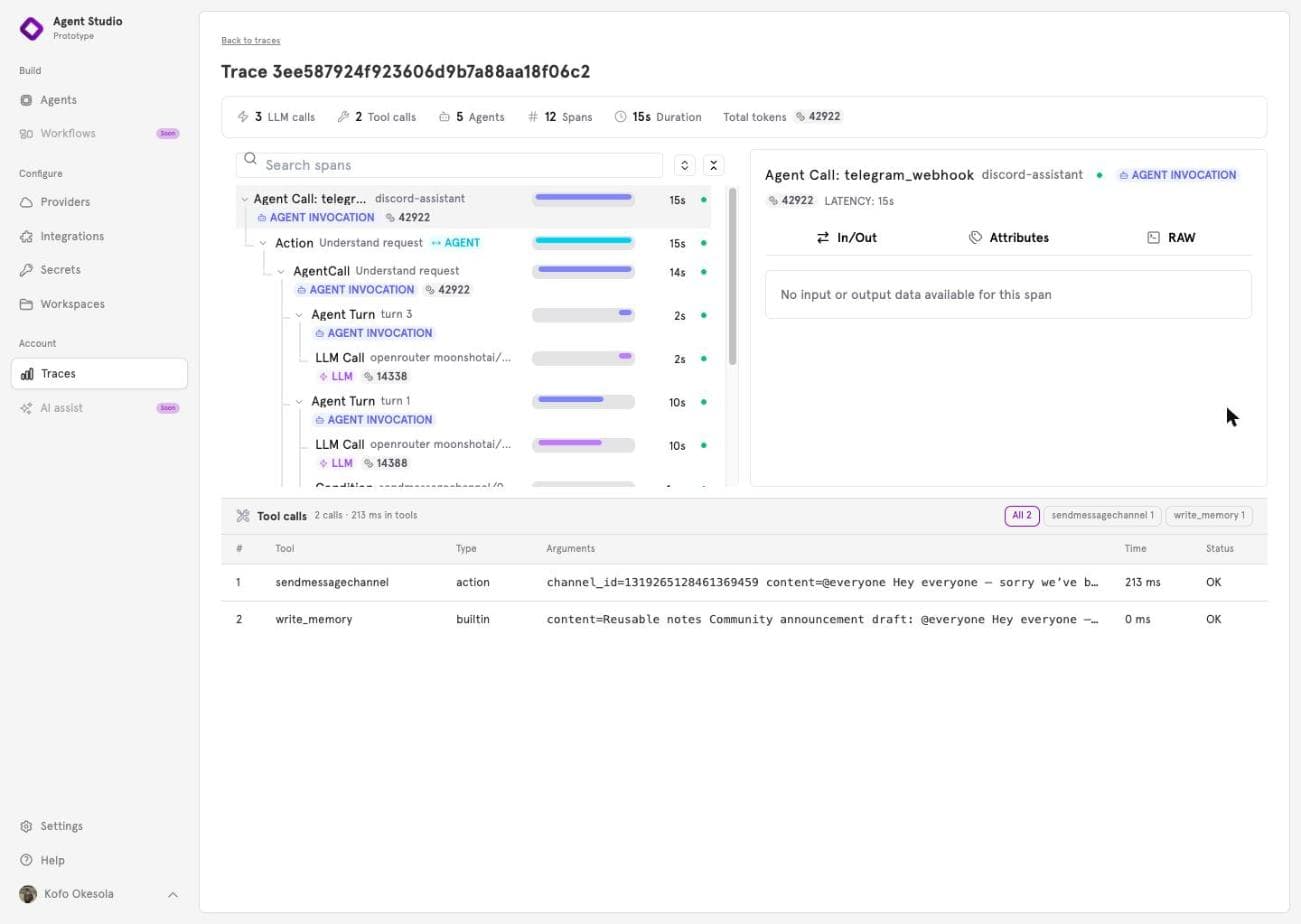 A trace in the ServFlow trace viewer: a summary bar with 3 LLM calls, 2 tool calls, 12 spans, 15 s and 42,922 tokens, the span tree on the left with the entry, the sub-agent and its turns, the details panel on the right, and the tool calls list below