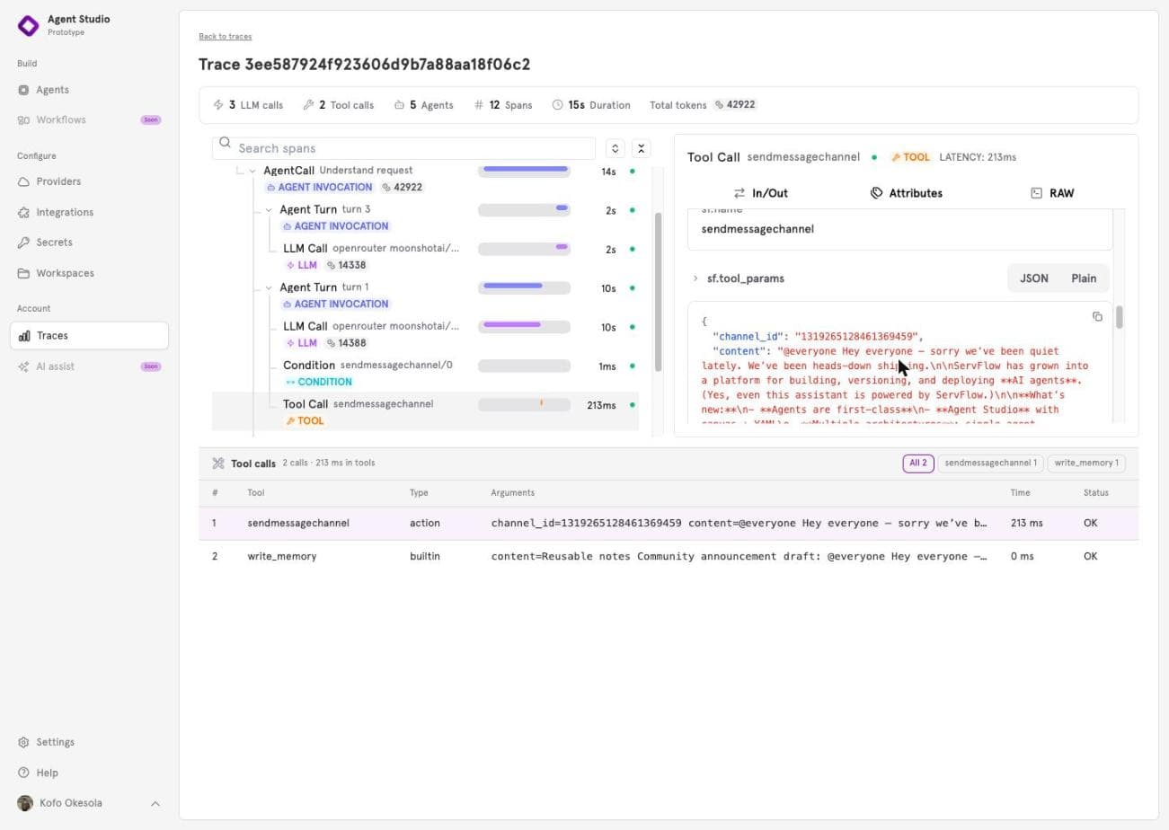 The trace viewer with the sendmessagechannel tool call selected: the details panel shows the tool's arguments as JSON, a channel id and the message content