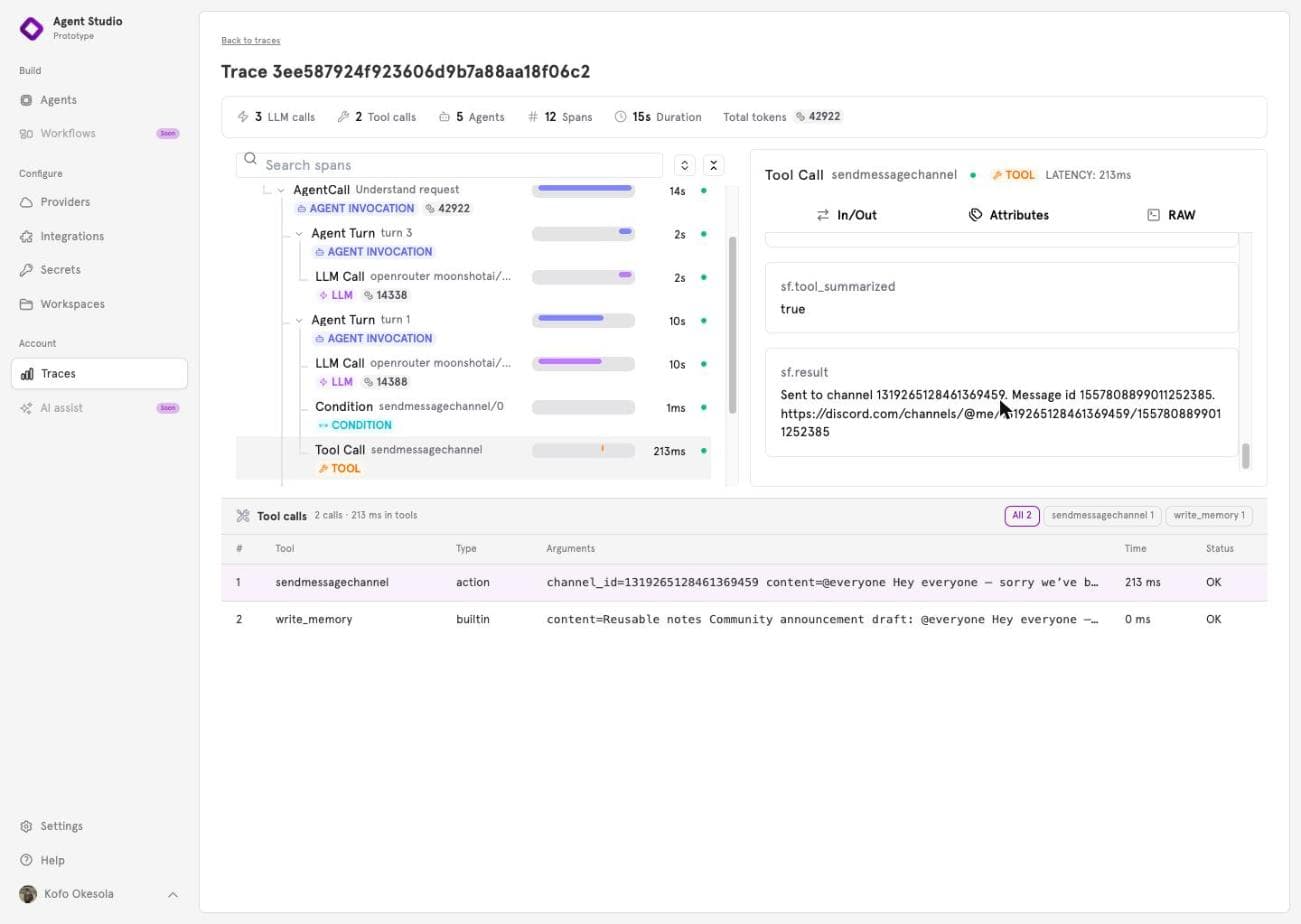 The same tool call's details scrolled to its result: sent to channel, the message id, and a link to the message
