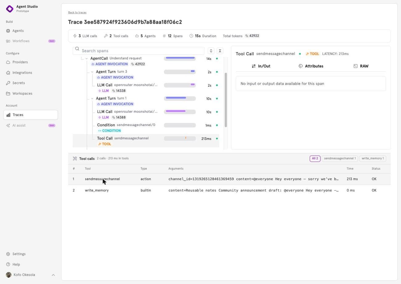The Tool calls panel listing two calls, sendmessagechannel and write_memory, with filter chips for each tool name, the first row selected and highlighted in the span tree above it