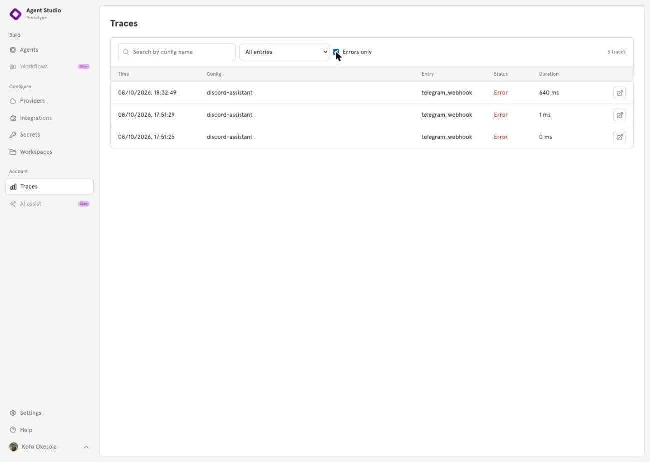 The Traces page with Errors only checked, showing three runs whose status is Error