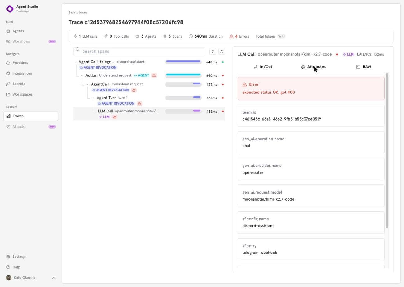 A failed trace: the summary bar shows 4 errors, every step from the sub-agent down to the model call carries a red warning badge, and the details panel for the model call shows the error expected status OK, got 400